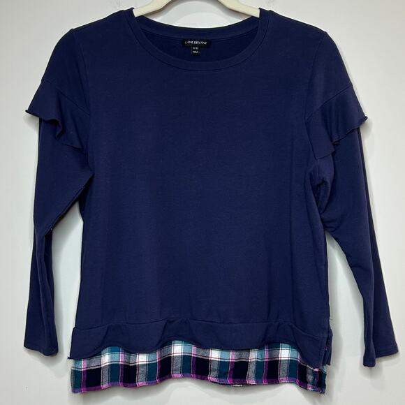 Lane Bryant  Navy Blue and Plaid Layer Shirt Size 14/16 Ruffle Sleeve - Picture 1 of 8